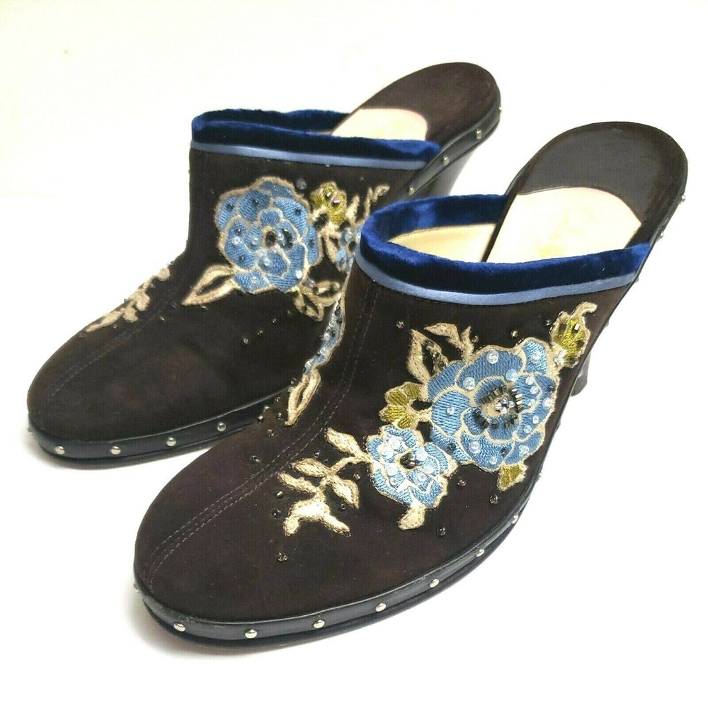 Cole Haan Slip On Mule Clogs Suede Embroidered